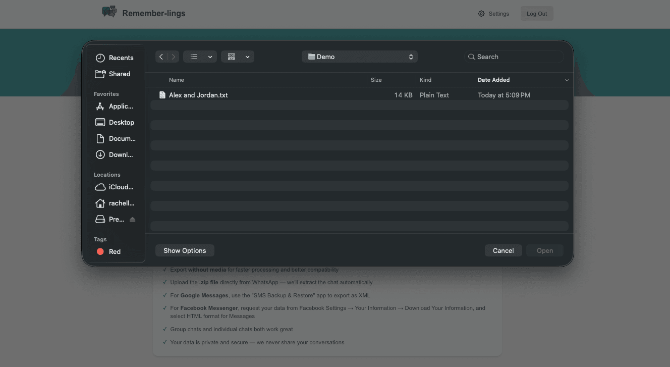 Screenshot showing the upload interface